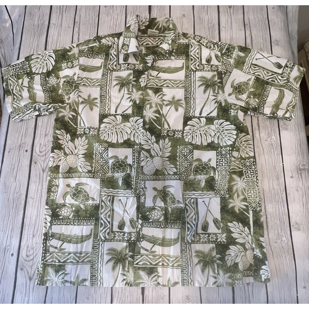 Go Barefoot Hawaiian Tradition Full Button Up Shirt XL Tall Green & White Beachy